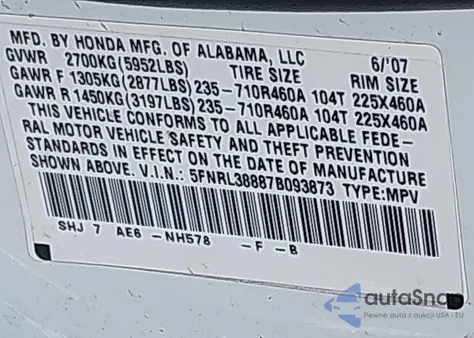 2007 Honda Odyssey Touring z USA, uszkodzony, nr VIN 5FNRL38887B093873